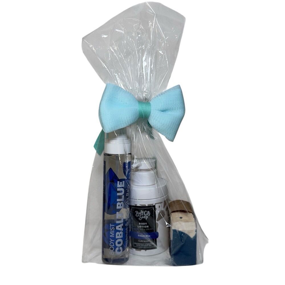 BUFF CITY SOAP 4Pc Bath Body Gift Set Cobalt Blue Lotion Mist Soap Loofah NEW